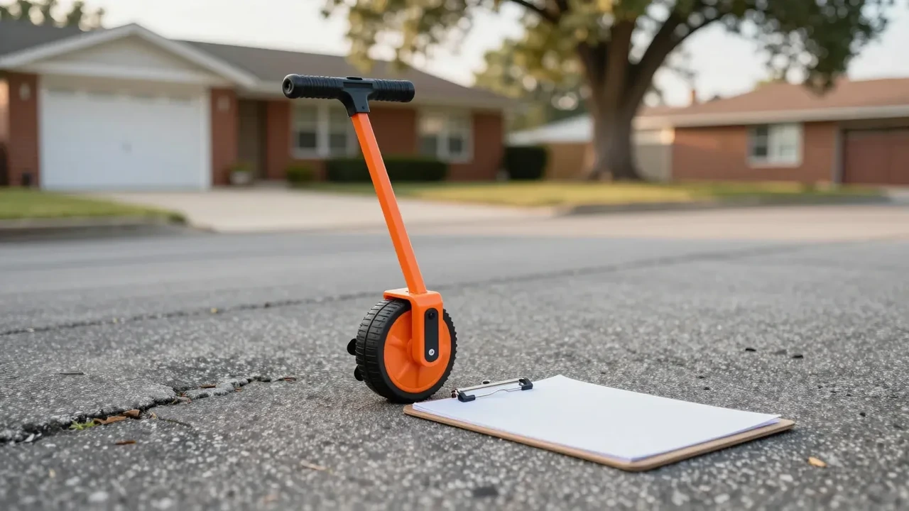 Measuring wheel and clipboard on a worn asphalt driveway in Garland, TX