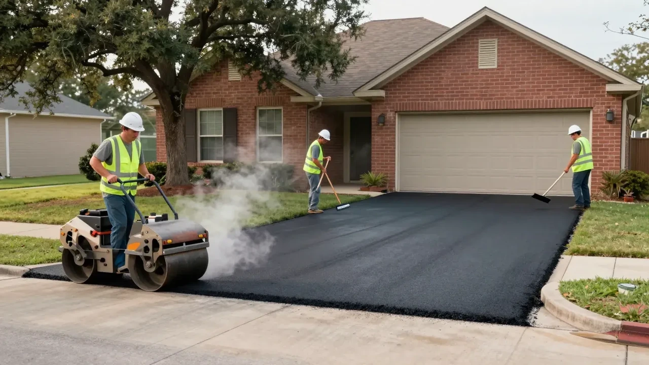 Three-person crew finishing a new asphalt driveway with a roller and rakes in Garland, TX