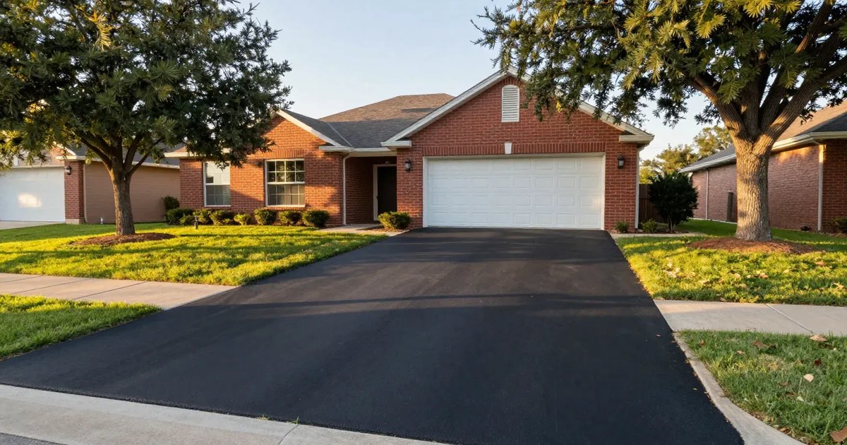 Finished asphalt driveway leading to a garage at a red-brick home in Garland, TX