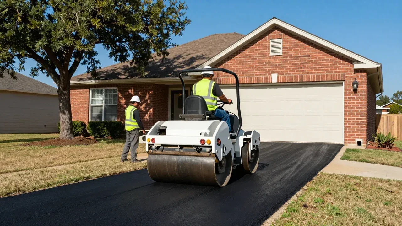 Crew rolling a new asphalt driveway at a red-brick ranch house in Garland, TX