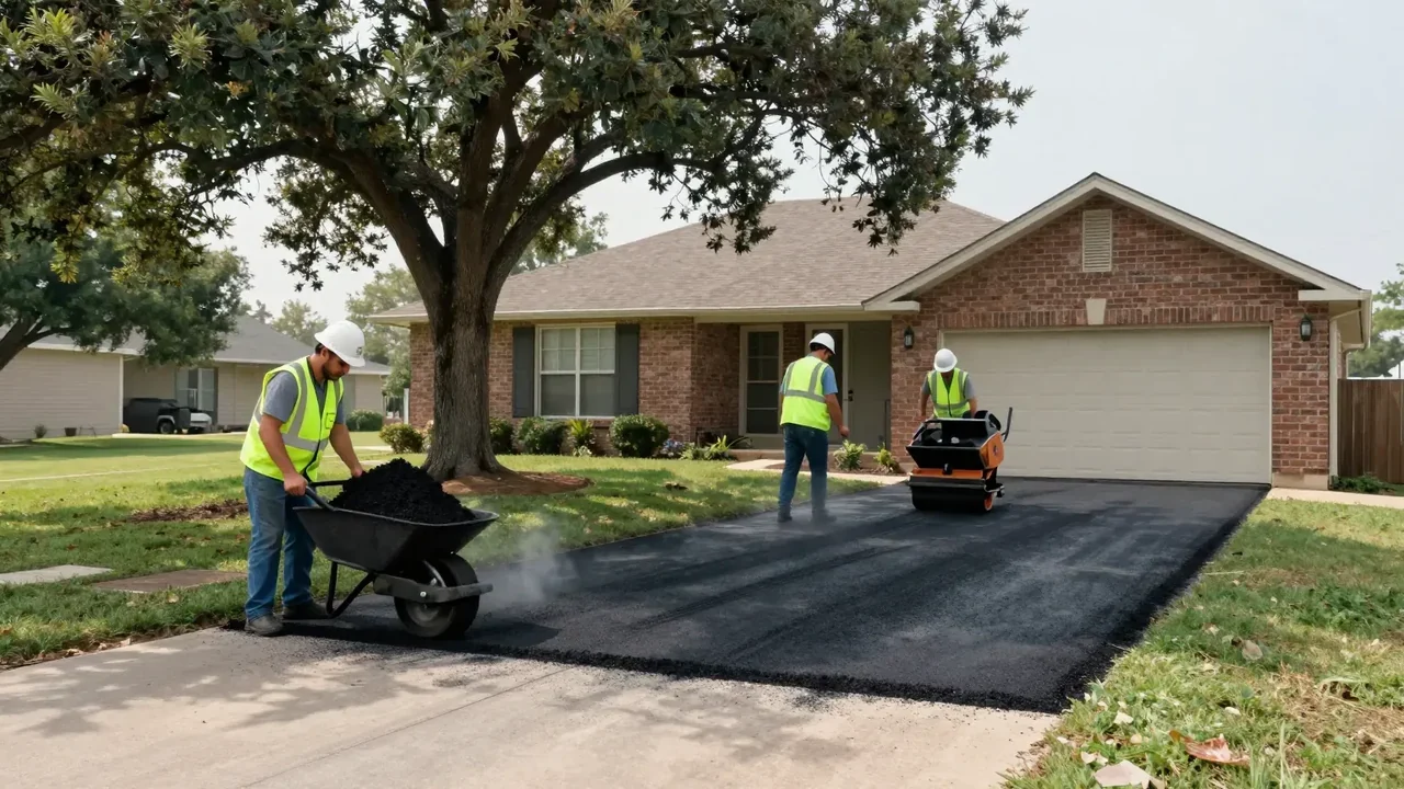 Crew laying and rolling a new asphalt driveway at a brick ranch home in Mesquite, TX