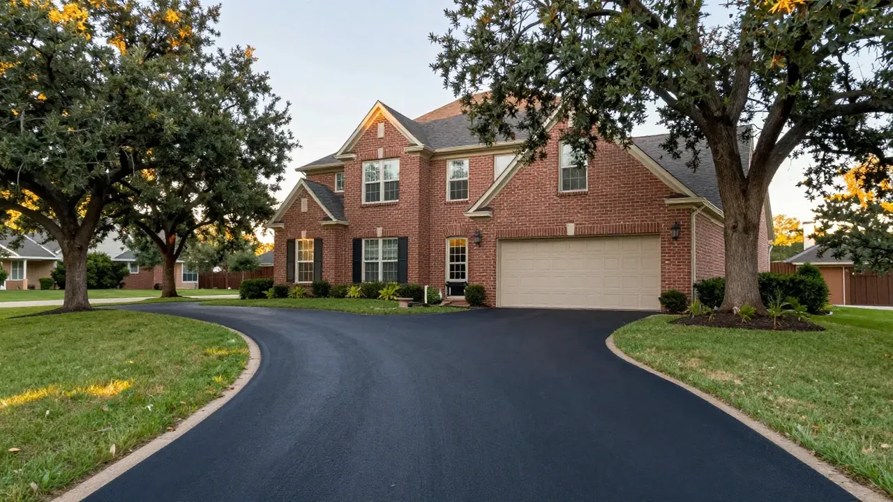 New asphalt driveway curving to a two-story brick home under live oaks in Richardson, TX