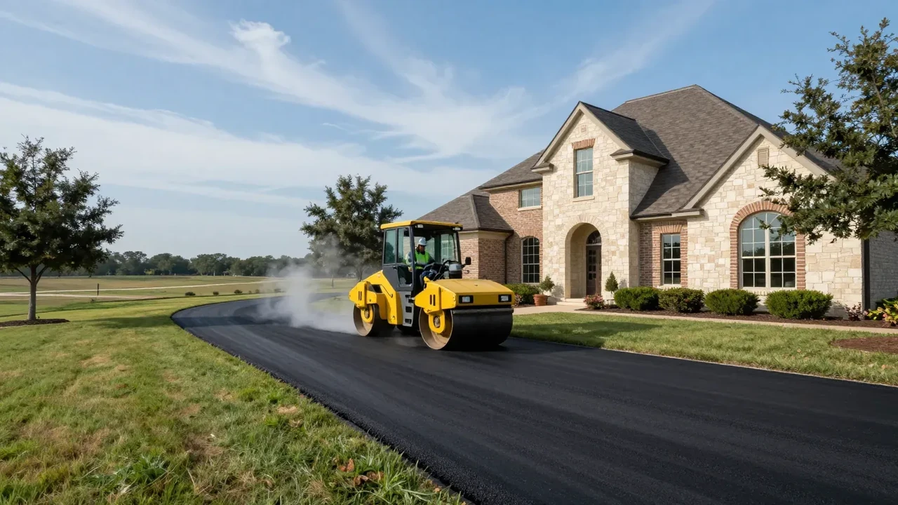 Steel drum roller compacting a long new asphalt driveway at a large home in Rockwall, TX