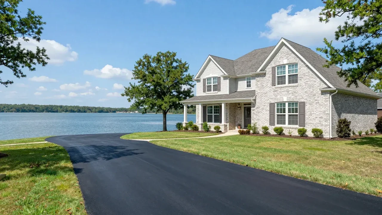 Freshly paved asphalt driveway at a two-story home near Lake Ray Hubbard in Rowlett, TX