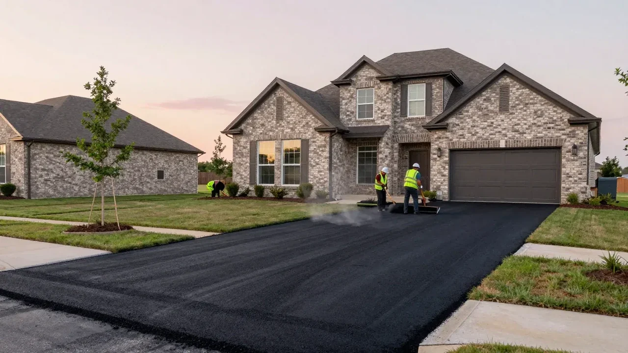 Workers raking new asphalt on the driveway of a newer brick home in Wylie, TX