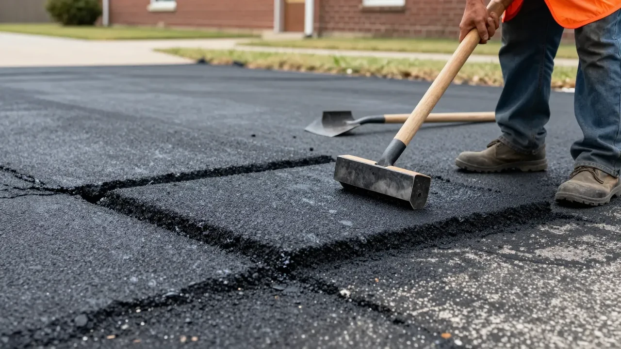 Worker tamping a fresh asphalt patch on a cracked driveway in Garland, TX