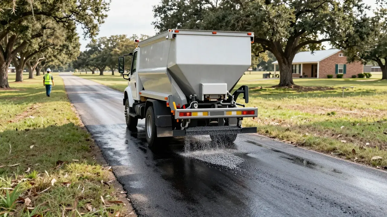 Chip spreader laying stone chips on sprayed asphalt on a rural driveway near Garland, TX