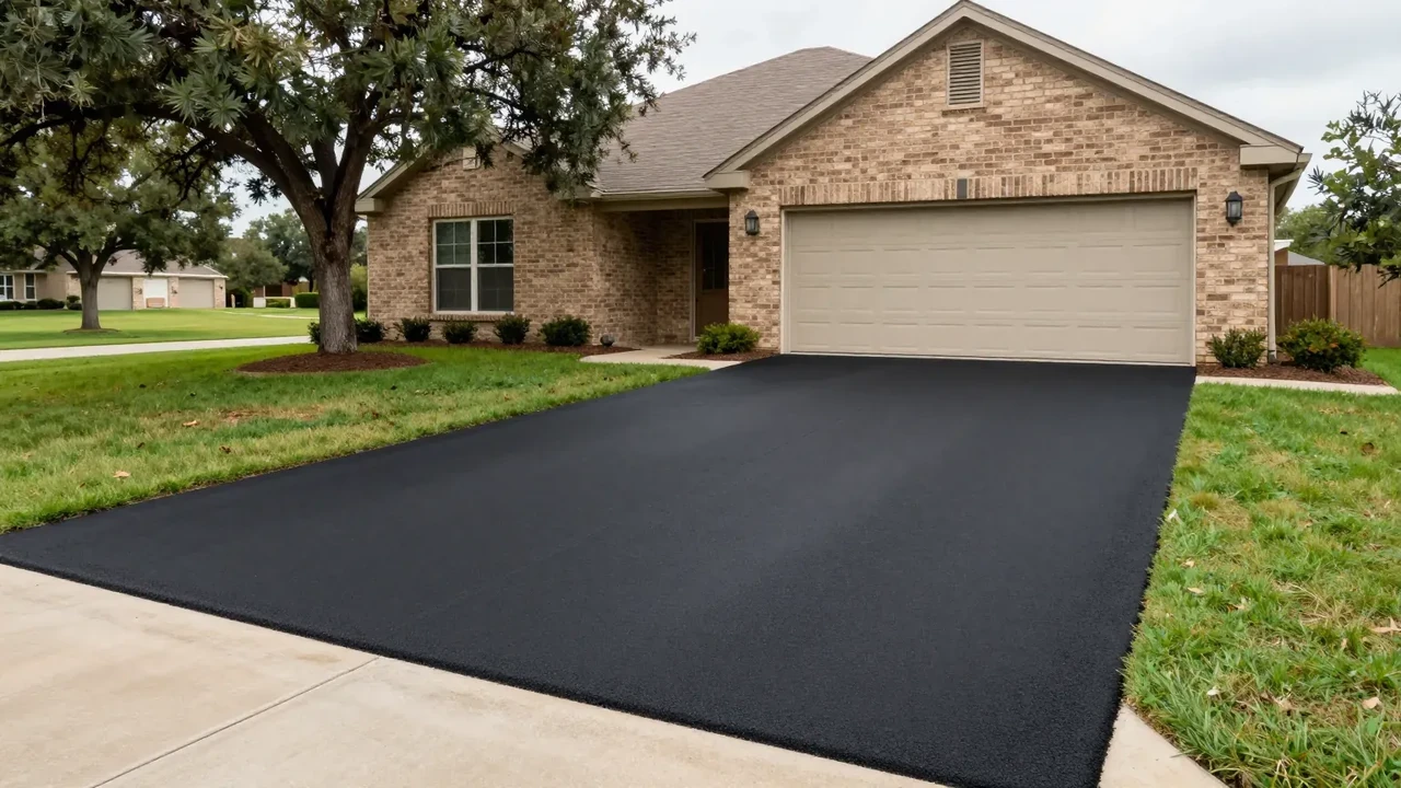 New asphalt driveway leading to the garage of a tan brick home in Garland, TX