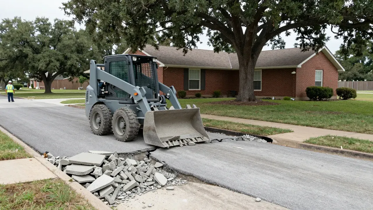 Skid steer removing an old cracked driveway in front of a red-brick ranch home in Garland, TX