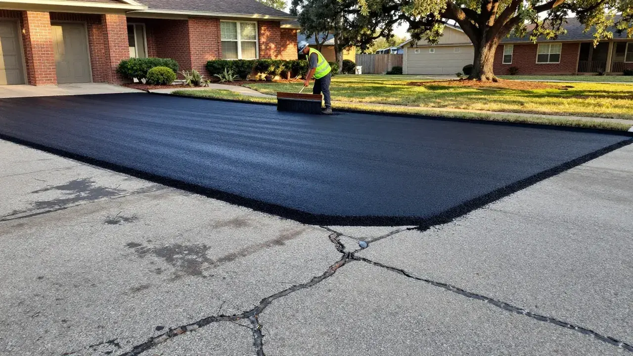 Fresh asphalt overlay being spread over a worn driveway at a brick home in Garland, TX