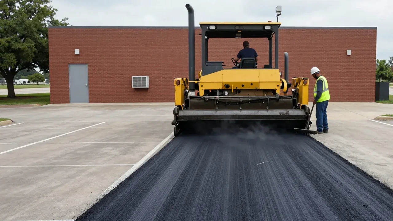 Paver laying new asphalt in a small parking lot behind a brick commercial building in Garland, TX