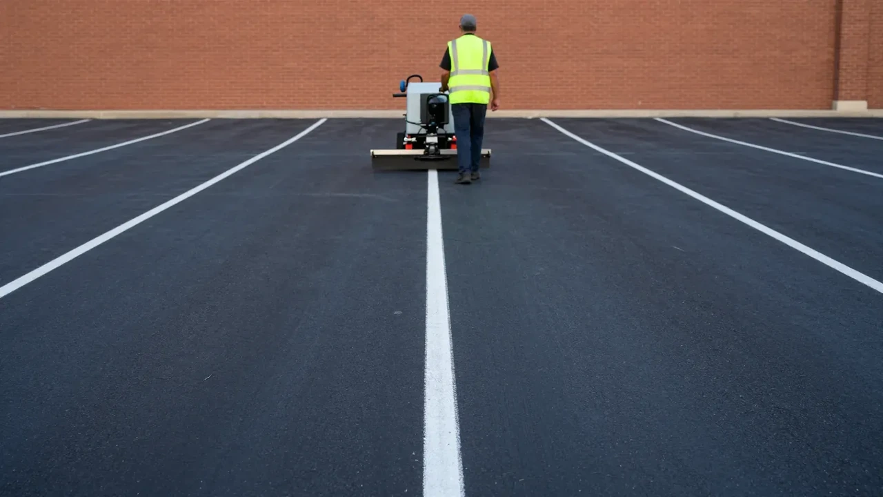 Worker striping white parking stall lines on a freshly sealed lot in Garland, TX