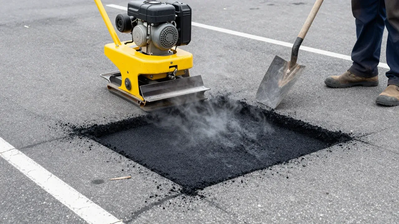 Square-cut pothole filled with hot asphalt in a parking area in Garland, TX