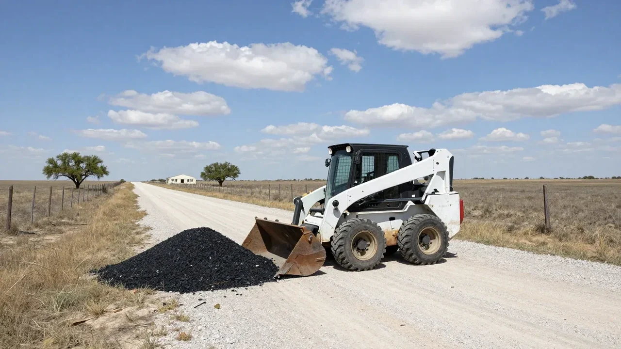 Skid steer spreading recycled asphalt millings on a long rural driveway near Garland, TX