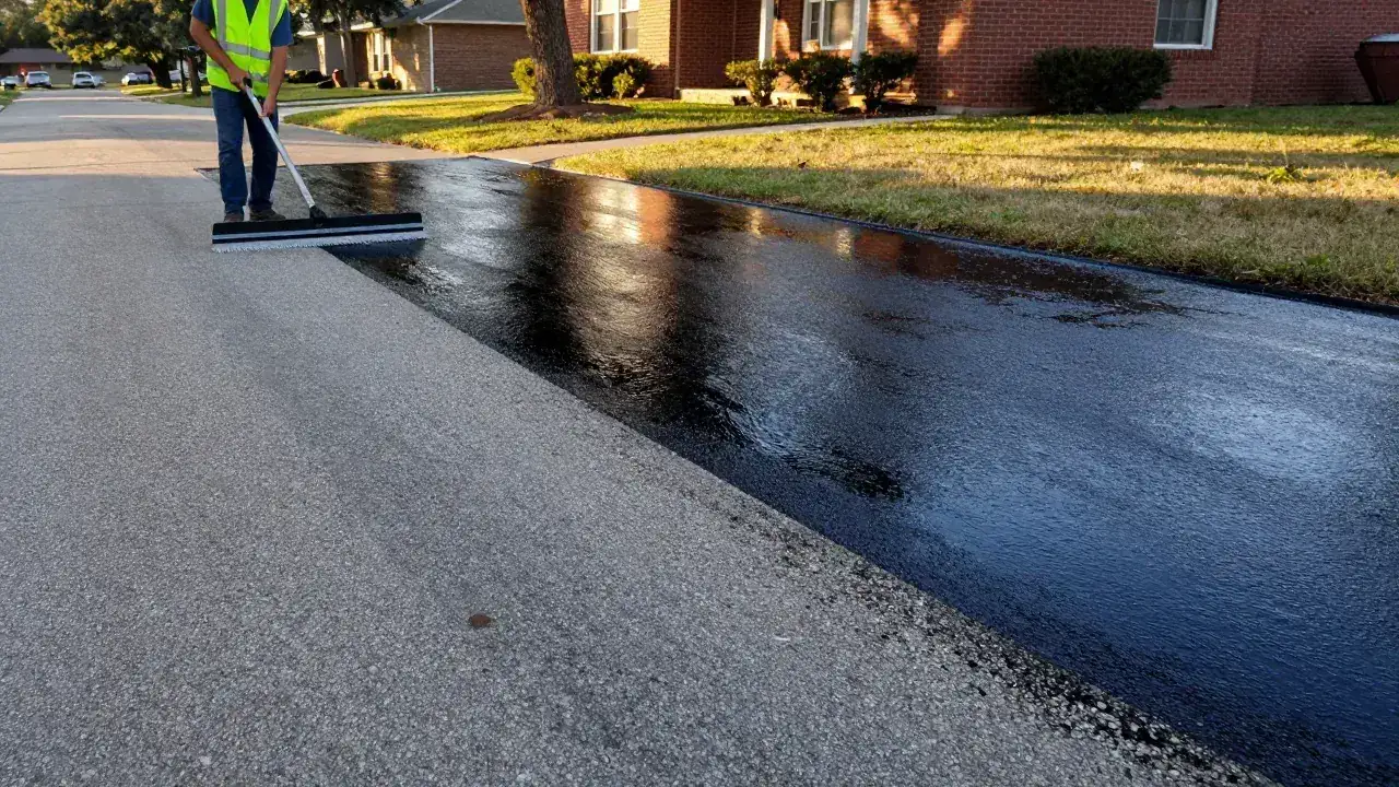 Worker spreading sealcoat on a faded asphalt driveway beside a brick home in Garland, TX